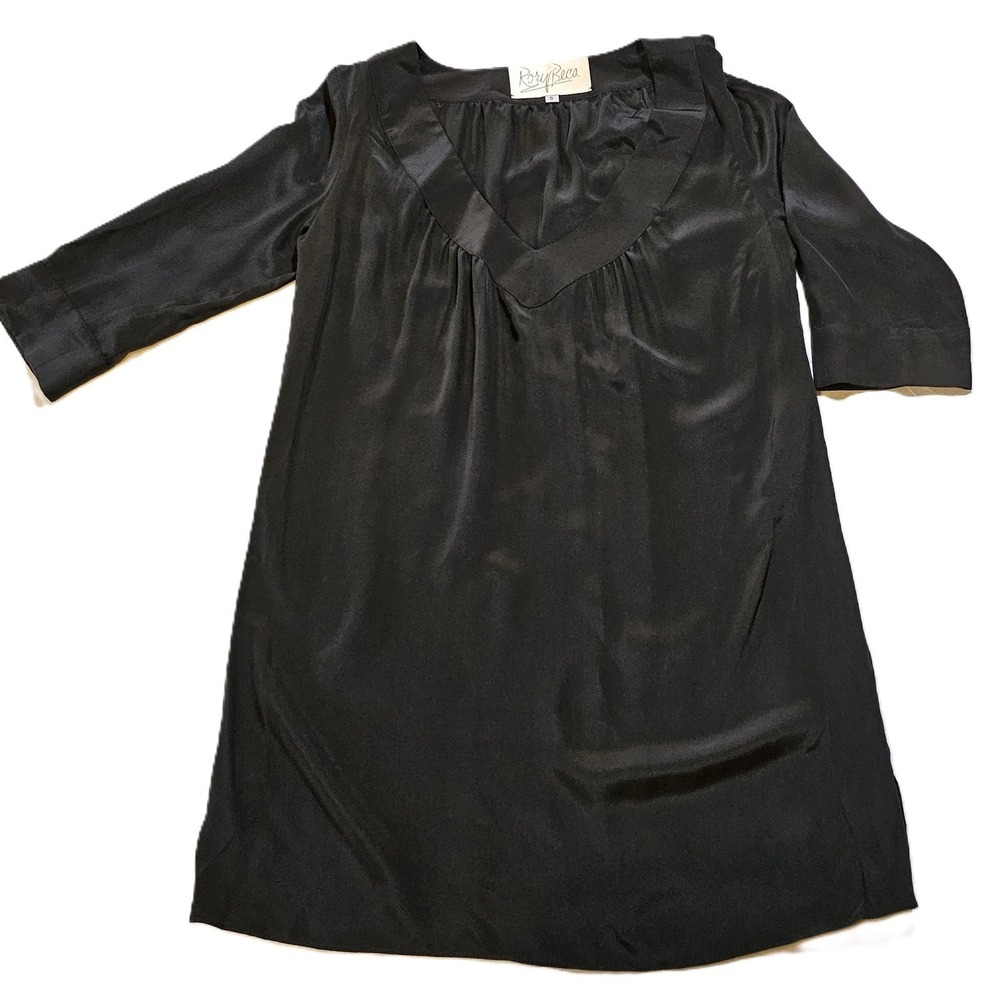 Rory Becca 100% Silk Little Black Mini Dress Tunic Black V-Neck 90s Preppy S